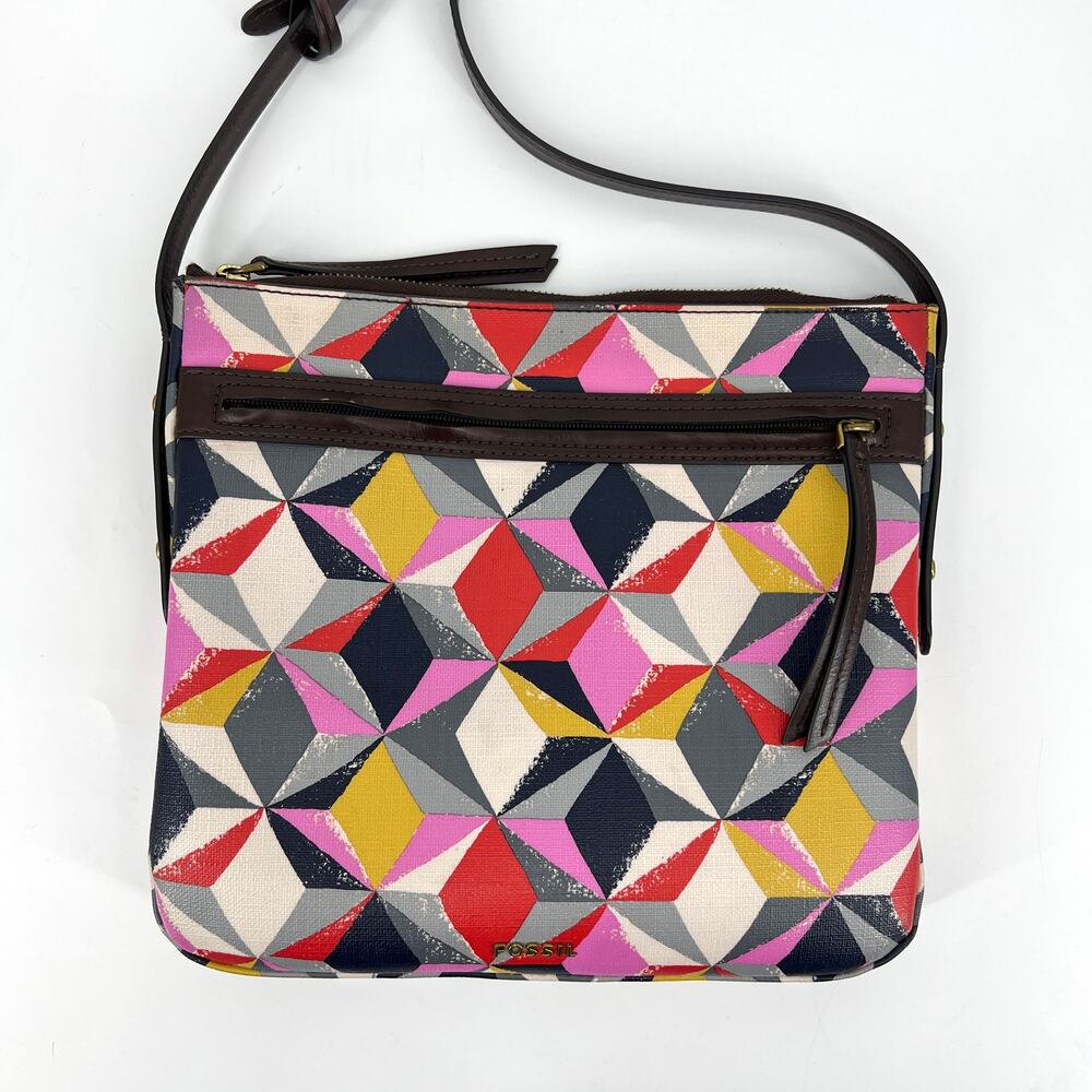 Fossil Geometric Print Coated Canvas Crossbody Bag Purse with Key Adjustable